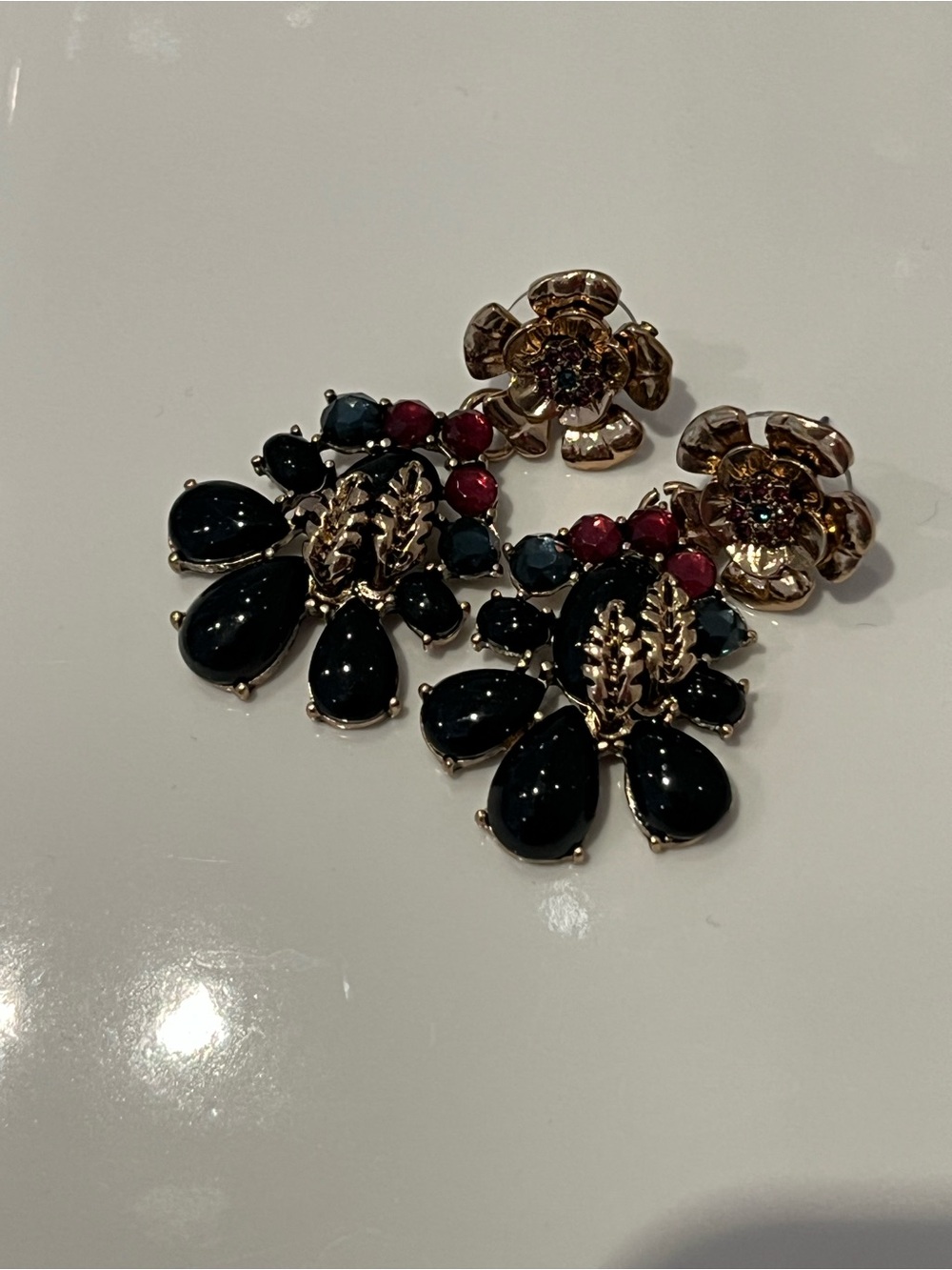 Gold Floral Drop Earrings with Black, Red and Green Stones
